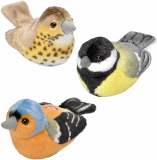 Wild Republic Set van 3x stuks pluche vogels knuffels - 14 cm - met geluid - Zanglijster, Vink en Koolmees