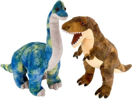 Wild Republic Setje van 2x dinosaurus knuffels T-rex en Brachiosaurus van 25 cm - Knuffeldier Bruin