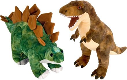 Wild Republic Setje van 2x dinosaurus knuffels T-rex en Stegosaurus van 25 cm - Knuffeldier Bruin
