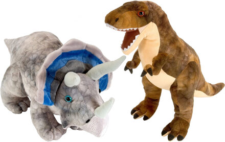 Wild Republic Setje van 2x dinosaurus knuffels T-rex en Triceratops van 25 cm - Knuffeldier Bruin