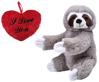 Wild Republic Valentijn Love cadeau set - Knuffel Luiaard met rood Love you hartje 10 cm