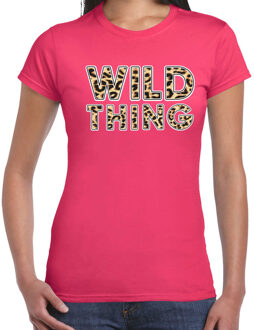 Wild thing fun tekst t-shirt voor dames roze met panter print S