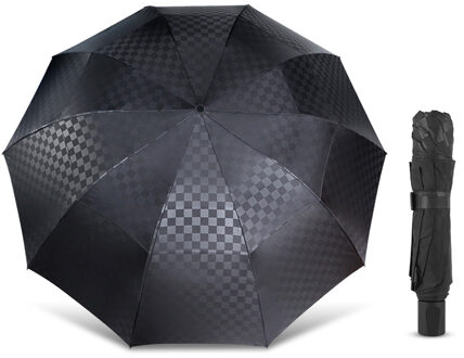 Winddicht 3 Opvouwbare Paraplu Regen Vrouwen Mannen Dubbele Laag Grote 10K Zaken Paraplu Mannelijke Dark Grid Paraguas Familie Reizen parasol zwart