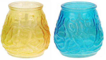 Windlicht geurkaars - 2x - blauw/geel glas - 48 branduren - citrusgeur