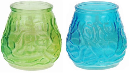 Windlicht geurkaars - 2x - blauw/groen glas - 48 branduren - citrusgeur