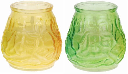 Windlicht geurkaars - 2x - geel/groen glas - 48 branduren - citrusgeur