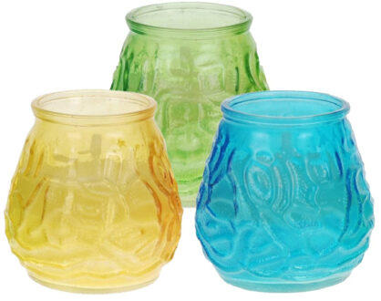 Windlicht geurkaars - 3x - geel/blauw/groen glas - 48 branduren - citrusgeur