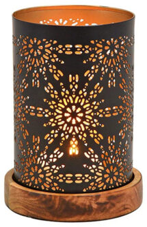 Windlicht/kaarsenhouder Marrakesh - metaal/hout - zwart/goud - 10 x 18 cm
