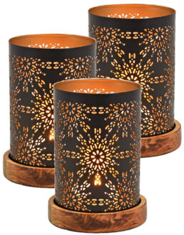 Windlicht/kaarsenhouder Marrakesh - Set van 3x stuks - metaal/hout - zwart/goud - 10 x 18 cm