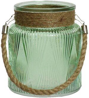 Windlicht/lantaarn met relief - glas - D14 x H16 cm - groen - Windlichten