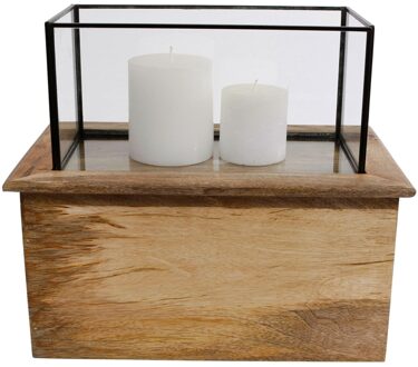 Windlicht rechthoek mango hout 33 cm. hoog.