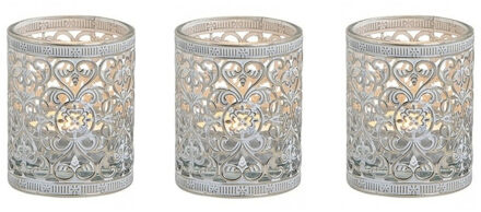 Windlicht theelicht/waxinelicht houder - 3x stuks - zilver antiek - D6 x H7 cm
