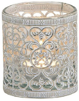 Windlicht theelicht/waxinelicht houder - zilver antiek - D8 x H8 cm