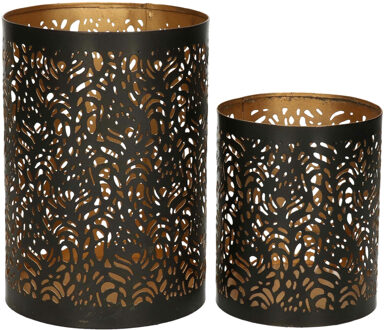Windlichten set - 2x - zwart/goud - metaal - 10/15 cm - waxinelichthouder - Waxinelichtjeshouders