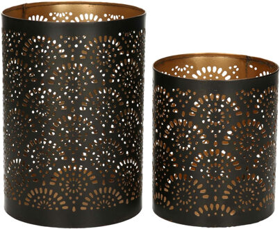 Windlichten set met motief - 2x - zwart met goud - metaal - 10/15 cm - kaarsenhouder/theelichthouder