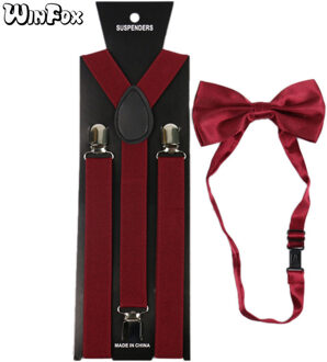 Winfox Burgundy Red Man Bretels Bowtie Set Mannen Vrouwen Elastische Bretels Breed 2.5 cm Shirt Bretels Vlinderdas