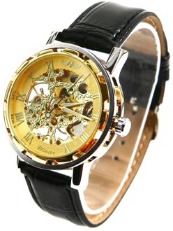 Winnaar Mens-Self-Winding Mechanische Horloge-Lederen Armband Horloge-Golden