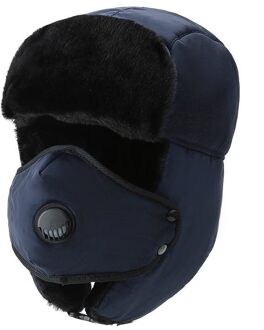 Winter Dikke Bomber Hoed Unisex Ademend Afneembare Masker Hoeden Vrouwen Mannen Mode Warme Cap Winter Warm Hoofddeksels Ski Caps marine blauw