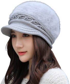 Winter Gebreide Piekte Hoed Dames Thermische Parel Cap Effen Kleur Winddicht Oorbeschermers Hoed Vrouwelijke Herfst Baret Cap grijs