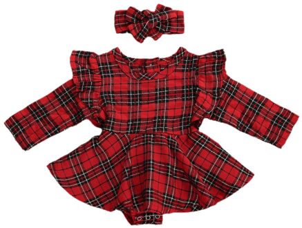 Winter Kerst Baby Baby Meisjes 2 Stuks Set Rode Plaid Verstoorde Jurk-Stijl Lange Mouwen Bodysuit + Hoofdband Outfit 12m