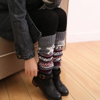 Winter Kerst Beenwarmers Gebreide Reindeer Snowflake Vrouwen Beenwarmers Haak Hoge Lange Sokken Skarpetki Grijs