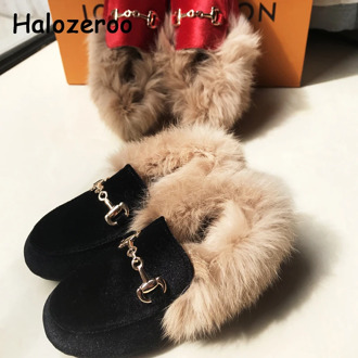 Winter Kids Fur Shoes Baby Girls Buckle Loafers Toddler Brand Velvet Shoes Children Princess Flats Black Shoes Dress Moccasin