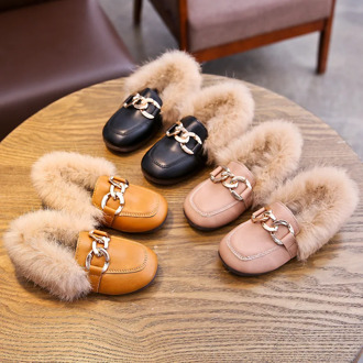 Winter Kids Fur Shoes Casual Children PU Leather Shoes Girls Warm Flats Toddler Black Brand Shoes Loafer With Buckle Moccasin