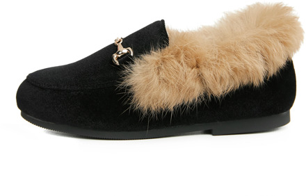 Winter Kids Fur Shoes Children Velvet Shoes Baby Girls Warm Flats Toddler Black Brand Shoes Princess Loafer With Buckle Moccasin