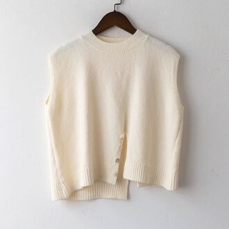 Winter Koreaanse Stijl Ronde Hals Split Gebreide Vest Vrouwen Mouwloos Vest wit