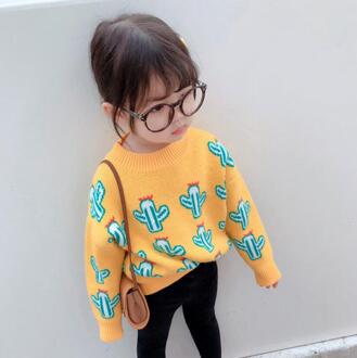 Winter mode cactus patroon gebreide casual truien meisjes warme kerngaren lange mouwen truien Geel / 2T