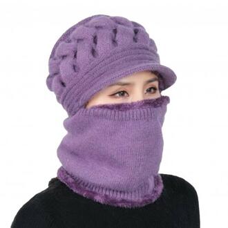 Winter Muts Sjaal En Masker Set 3 Stuk Vrouwen Winter Gebreide Winddicht Warm Beanie Cap Halsbeenkap Hoed Sjaal set Gebreide Muts licht paars