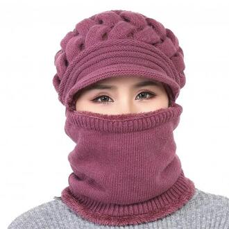 Winter Muts Sjaal En Masker Set 3 Stuk Vrouwen Winter Gebreide Winddicht Warm Beanie Cap Halsbeenkap Hoed Sjaal set Gebreide Muts Roze