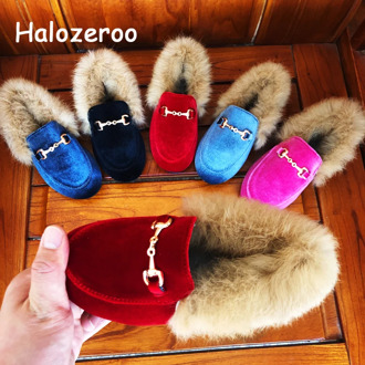 Winter New Kids Fur Shoes Baby Girls Princess Flats Children Warm Brand Shoes Toddler Slip On Black Loafer Fashion Soft Moccasin