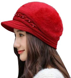 Winter Piekte Hoed Dames Thermische Parel Gebreide Cap Winddicht Effen Kleur Oorbeschermers Hoed Herfst Vrouwelijke Baret Cap rood