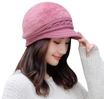 Winter Piekte Hoed Dames Thermische Parel Gebreide Cap Winddicht Effen Kleur Oorbeschermers Hoed Herfst Vrouwelijke Baret Cap roze