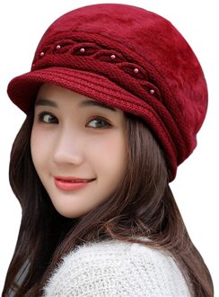 Winter Piekte Hoed Dames Thermische Parel Gebreide Cap Winddicht Effen Kleur Oorbeschermers Hoed Herfst Vrouwelijke Baret Cap wijn rood