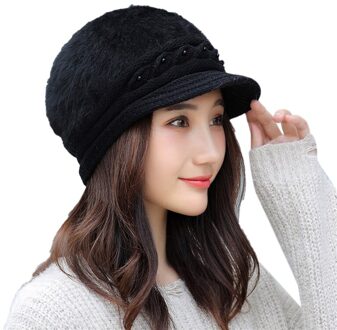 Winter Piekte Hoed Dames Thermische Parel Gebreide Cap Winddicht Effen Kleur Oorbeschermers Hoed Herfst Vrouwelijke Baret Cap zwart
