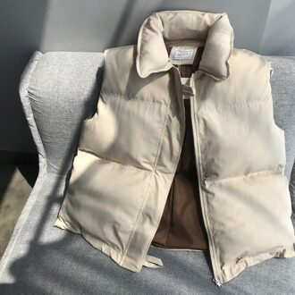 Winter Vest Voor Vrouwen Herfst Revers Mouwloze Verwarming Katoen Filler Vest Korte Parka Vest Vrouwelijke Warm Gilet beige / L