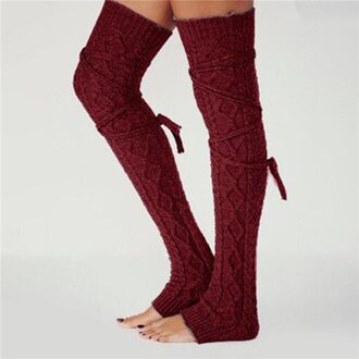 Winter Vrouwen Lange Beenwarmers Gebreide Knie Hoge Stocking Effen Thermische Beenwarmers Dames Beenwarmers wijn rood