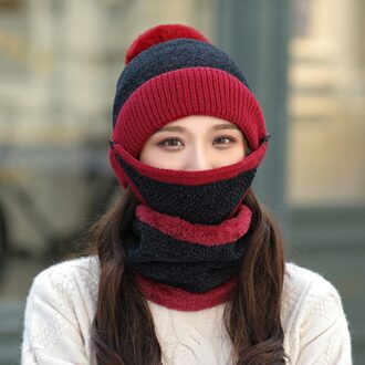 Winter Vrouwen Mutsen Hoeden Fluwelen Dikke Bib Masker Skullies Thermische Hoed Vrouwelijke Warme Gebreide Wol Cap Jaar Vriendin rood wijn