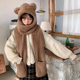 Winter Vrouwen Novelty Caps Warm Schattige Beer Oor Hoed Casual 3-In-1 Pluche Muts Sjaal Handschoenen Casual solid Fleece Vrouwen Caps koffie