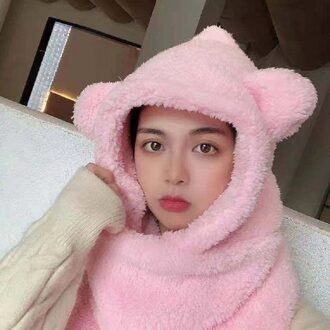 Winter Vrouwen Novelty Caps Warm Schattige Beer Oor Hoed Casual 3-In-1 Pluche Muts Sjaal Handschoenen Casual solid Fleece Vrouwen Caps Rosa