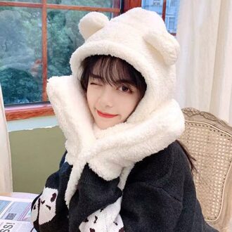 Winter Vrouwen Novelty Caps Warm Schattige Beer Oor Hoed Casual 3-In-1 Pluche Muts Sjaal Handschoenen Casual solid Fleece Vrouwen Caps wit