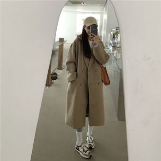 Winter Vrouwen Wol Blends Patchwork Hooded Double-Breasted Warm Student Preppy Eenvoudige Leisure Losse Alle-Wedstrijd Wollen Jas vrouwelijke khaki / S