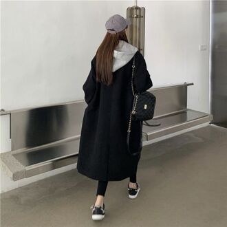 Winter Vrouwen Wol Blends Patchwork Hooded Double-Breasted Warm Student Preppy Eenvoudige Leisure Losse Alle-Wedstrijd Wollen Jas vrouwelijke zwart / S