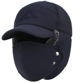 Winter Warm Bomber Hoeden Mannen Vrouwen Mode Oor Bescherming Gezicht Winddicht Ski Caps Fluwelen Dikker Paar Hoed donker blauw