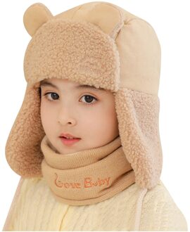 Winter Warm Kinderen Kids Winddicht Plus Fluwelen Fleece Oorkleppen Bescherming Effen Hoed + Sjaal Sets Cartoons Beer Hoed Beige