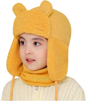 Winter Warm Kinderen Kids Winddicht Plus Fluwelen Fleece Oorkleppen Bescherming Effen Hoed + Sjaal Sets Cartoons Beer Hoed geel
