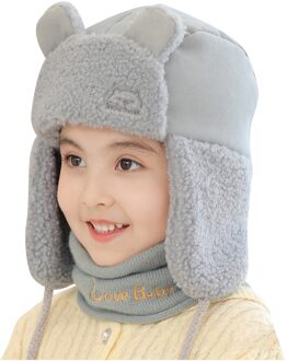 Winter Warm Kinderen Kids Winddicht Plus Fluwelen Fleece Oorkleppen Bescherming Effen Hoed + Sjaal Sets Cartoons Beer Hoed Grijs