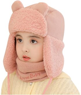 Winter Warm Kinderen Kids Winddicht Plus Fluwelen Fleece Oorkleppen Bescherming Effen Hoed + Sjaal Sets Cartoons Beer Hoed Roze
